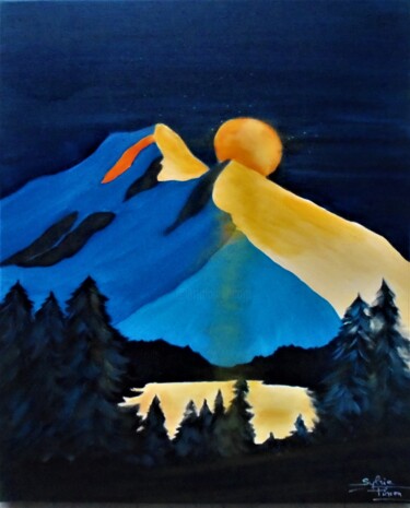 제목이 "lune jaune sur la m…"인 미술작품 Sylvie Pinon로, 원작, 아크릴 나무 들것 프레임에 장착됨