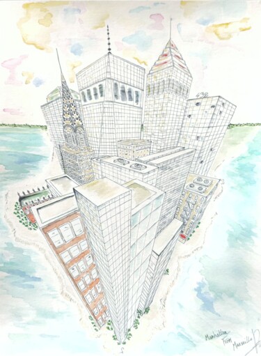 Peinture intitulée "Manhattan from Mars…" par Bobraïs, Œuvre d'art originale, Aquarelle