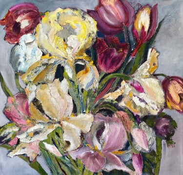 绘画 标题为“Irises-original pai…” 由Oksana Petrova, 原创艺术品, 油 安装在木质担架架上