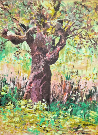 Schilderij getiteld "L'olivier" door Nadine Imbert, Origineel Kunstwerk, Acryl Gemonteerd op Frame voor houten brancard