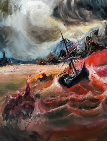 Peinture intitulée "Un Navire en Feu, É…" par Amazeigh Bouzékri, Œuvre d'art originale, Huile Monté sur Châssis en bois