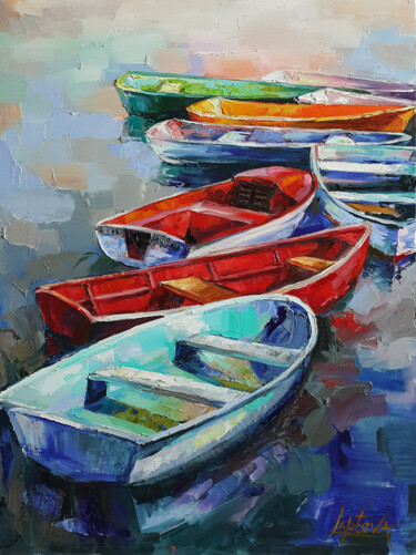 Painting Boats, landscapes Peinture intitulée "Painting Boats, lan…" par Viktoria Lapteva, Œuvre d'art originale, Huile Monté sur Châssis en bois