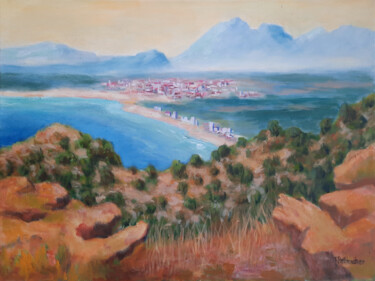 Blick von den Bergen auf die Bucht von Roses (Costa Brava) Malerei mit dem Titel "Blick von den Berge…" von Thomas Stellmacher, Original-Kunstwerk, Acryl Auf Keilrahmen aus Holz monti…