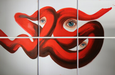 "VIEW"-RED LINE, OIL PAINTING,ORIGINAL GIFT Painting titled ""VIEW"-RED LINE, OI…" by Anzhelika Klimina, Original Artwork, Oil Mounted on Wood Stretcher frame