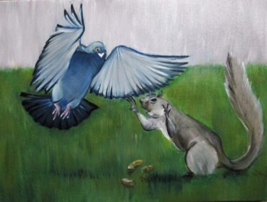 绘画 标题为“Pigeon vs squirrel” 由Cyril Harris, 原创艺术品, 油