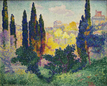 「Les cyprès à Cagnes」というタイトルの絵画 Henri-Edmond Crossによって, オリジナルのアートワーク, オイル