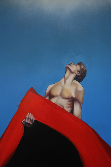 A STRONG MAN - OIL PAINTING, RED LINE, MALE CHEST Painting titled "A STRONG MAN - OIL…" by Anzhelika Klimina, Original Artwork, Oil Mounted on Wood Stretcher frame