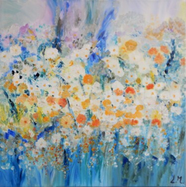 Painting titled "L'été bleu" by Lydie Massou, Original Artwork, Oil