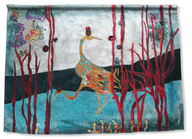 Textile Art titled "tenture oiseaux jap…" by Joelle Morisset, Original Artwork, Ink