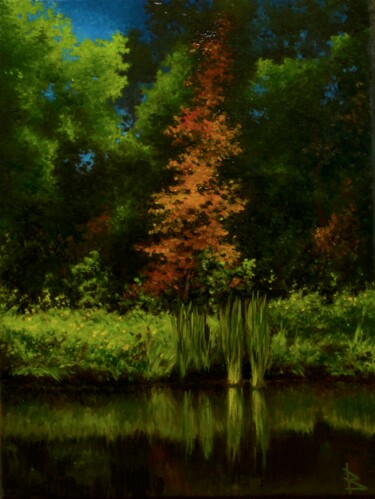 Black pond Painting titled "Black pond" by Oleg Baulin, Original Artwork, Oil Mounted on Wood Stretcher frame