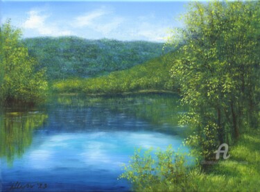 Painting titled "Landscape with river" by Ludmilla Ukrow, Original Artwork, Oil