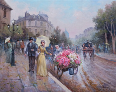 「The handcart of flo…」というタイトルの絵画 Domenico Roncaによって, オリジナルのアートワーク, オイル ウッドストレッチャーフレームにマウント