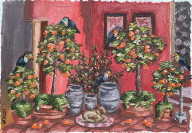 Painting titled "Orange & Toucan" by Anastasia Kurganova, Original Artwork, Oil
