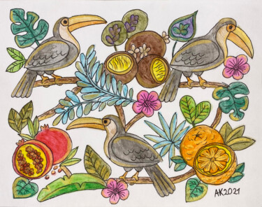 Painting titled "Fruits, Birds, Flow…" by Anastasia Kurganova, Original Artwork, Watercolor