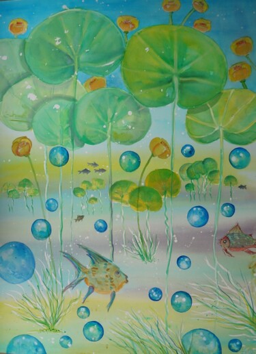 Peinture intitulée "Nénuphars jaunes" par Isabelle Zwang, Œuvre d'art originale, Aquarelle