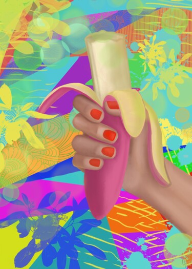 Bite me - pink banana bright art print on canvas wall decor Цифровое искусство под названием "Bite me - pink bana…" - Elena Polak, Подлинное произведение искусства, 2D Цифровая Работа