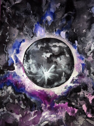 Black full moon in blue-violet space and stars Peinture intitulée "Black full moon in…" par Ivanna Mois, Œuvre d'art originale, Aquarelle