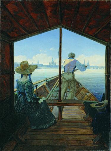 Promenade en péniche sur l'Elbe près de Dresde Painting titled "Promenade en pénich…" by Carl Gustav Carus, Original Artwork, Oil