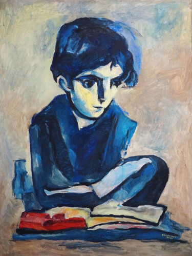 Malerei mit dem Titel "A blue boy with boo…" von Christos Baloukos, Original-Kunstwerk, Acryl