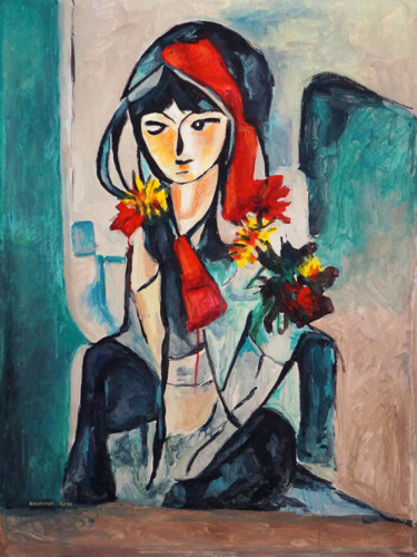 Painting titled "A girl with red sca…" by Christos Baloukos, Original Artwork, Acrylic