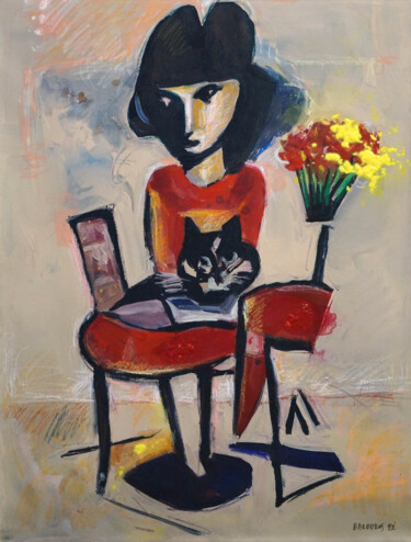 Painting titled "a girl with red dre…" by Christos Baloukos, Original Artwork, Acrylic