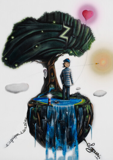 Schilderij getiteld "S'agripper à ses rê…" door El-Zoufri, Origineel Kunstwerk, Acryl Gemonteerd op Frame voor houten branca…