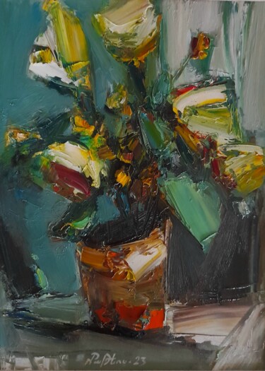 Abstract flowers -1(30x40cm, oil painting, palette knife) Pintura intitulada "Abstract flowers -…" por Mateos Sargsyan, Obras de arte originais, Óleo Montado em Armação em madeira