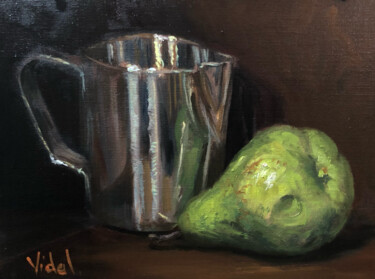 Reflective milk container and pear 绘画 标题为“Reflective milk con…” 由Christopher Vidal, 原创艺术品, 油 安装在木板上