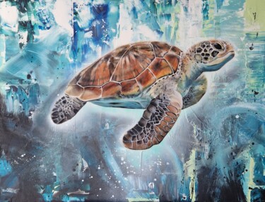绘画 标题为“TORTUE MARINE” 由Lorie Renaud, 原创艺术品, 丙烯 安装在木质担架架上