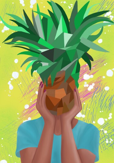Crazy pineapple - bright colors print on canvas wall decor Цифровое искусство под названием "Crazy pineapple - b…" - Elena Polak, Подлинное произведение искусства, Цифровая живопись