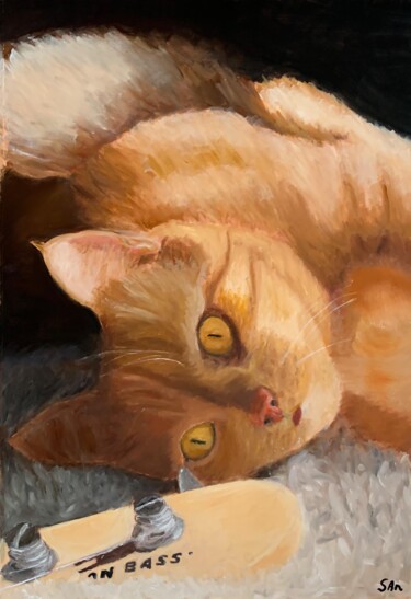Painting titled "Cat with bass" by Sonny Andersson, Original Artwork, Oil
