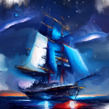 Digital Arts titled "Nocturnal navigation" by Bachir Reddioui, Original Artwork, Digital Painting