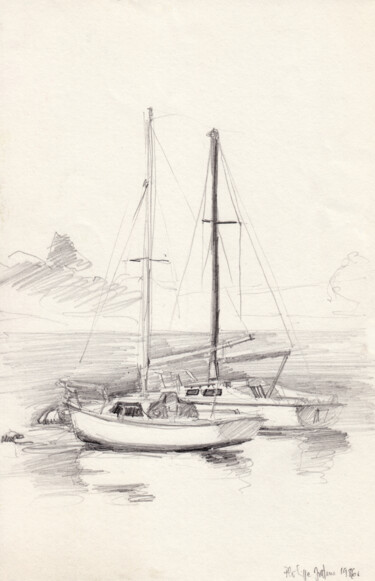 2 voiliers au mouillage 图画 标题为“2 voiliers au mouil…” 由Philippe Juttens, 原创艺术品, 铅笔