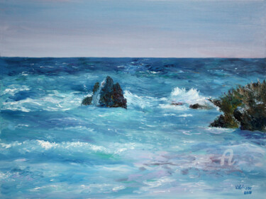 Schilderij getiteld "Turquoise Bermuda" door Vladimir Volosov, Origineel Kunstwerk, Olie Gemonteerd op Frame voor houten bra…
