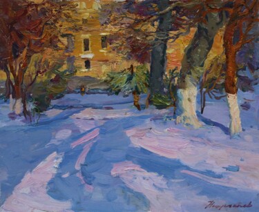 Painting titled "sunset in winter" by Uktam Isirgapov, Original Artwork, Oil