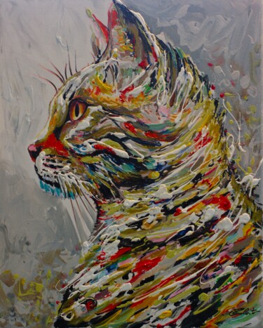 Painting titled "Gato Colorido / Col…" by Mancouto, Original Artwork, Acrylic Mounted on Wood Stretcher frame