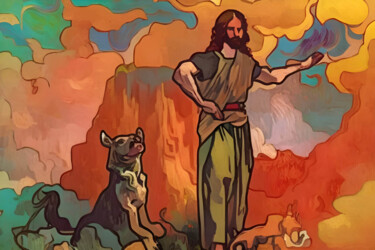 绘画 标题为“Jesus and Dog” 由Michael Cheung, 原创艺术品, 丙烯 安装在木质担架架上