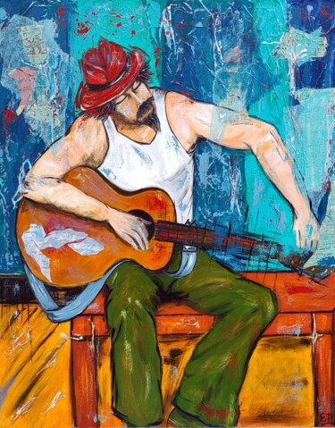 「Le guitariste de Tr…」というタイトルの絵画 Eliane Perrierによって, オリジナルのアートワーク, アクリル ウッドストレッチャーフレームにマウント