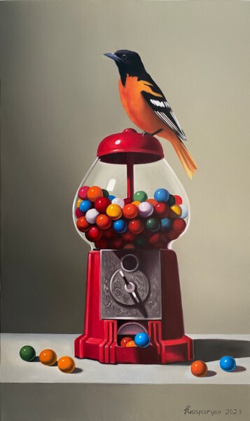 Still life with bird and colorful balls (30x50cm) 绘画 标题为“Still life with bir…” 由Ara Gasparyan, 原创艺术品, 油 安装在木质担架架上