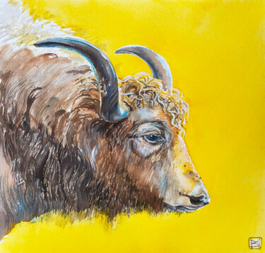 Картина под названием "Yak on yellow" - Mariya Volynskih, Подлинное произведение искусства, Акварель