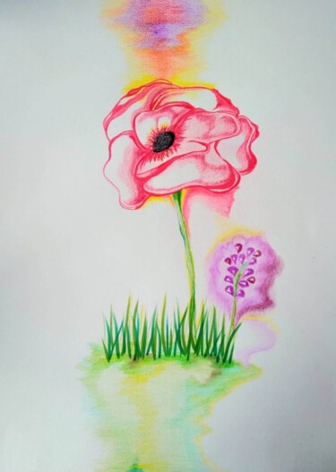 Tekening getiteld "Red Flower" door Kathia Donaté, Origineel Kunstwerk, Potlood