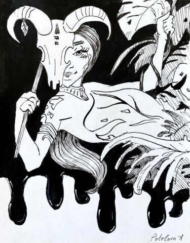 Dessin intitulée "Hey, Ya!" par Anastasiia Potelova, Œuvre d'art originale, Encre