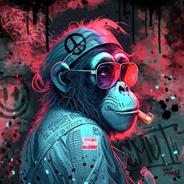 Arts numériques intitulée "Hiipie Monkey" par Frédéric Font (Chroma), Œuvre d'art originale, Peinture numérique Monté sur Ch…