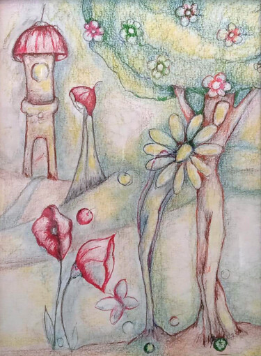 Disegno intitolato "L'Arbre de la Conso…" da Agnès Berlingieri, Opera d'arte originale, Matite colorate