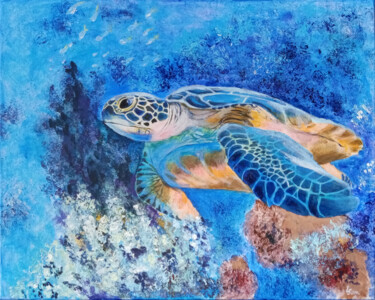 Acrylic painting - Large sea turtle 绘画 标题为“Acrylic painting -…” 由Любовь Самойлова, 原创艺术品, 丙烯 安装在木质担架架上