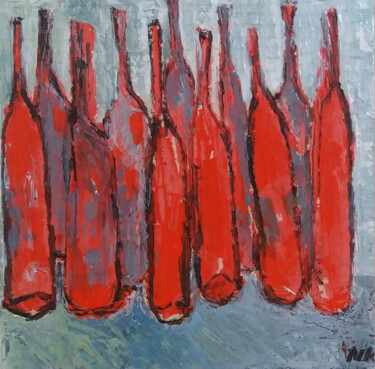 Painting titled "bouteilles de rouge…" by Germain Henneka, Original Artwork, Acrylic Mounted on Cardboard