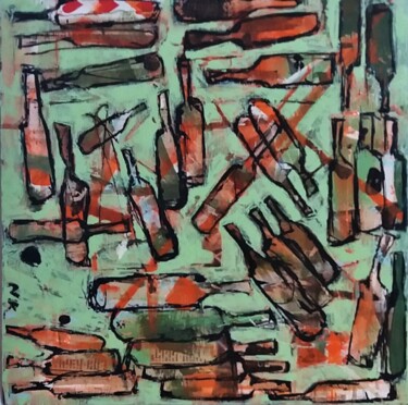 Painting titled "bouteilles en vert" by Germain Henneka, Original Artwork, Acrylic Mounted on Cardboard