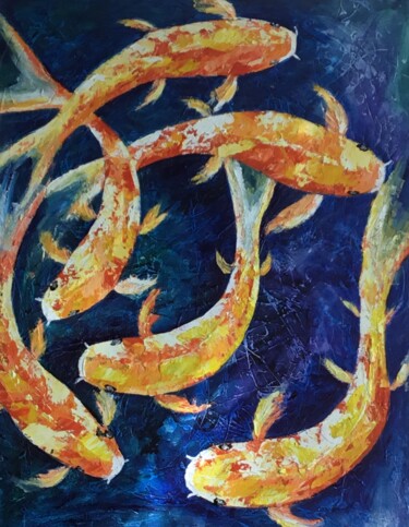 绘画 标题为“Koi in a Pond” 由Malinga Kumarasinghe, 原创艺术品, 丙烯 安装在木质担架架上