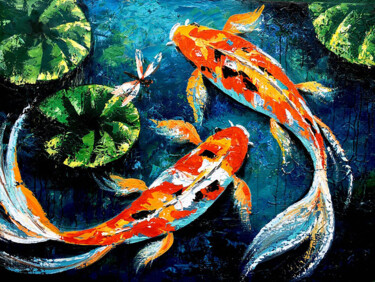 绘画 标题为“Carp in a Pond” 由Malinga Kumarasinghe, 原创艺术品, 丙烯 安装在木质担架架上