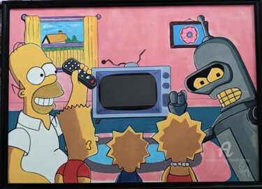Painting titled "Fight TV" by Handfabdream, Original Artwork, Acrylic Mounted on Wood Panel